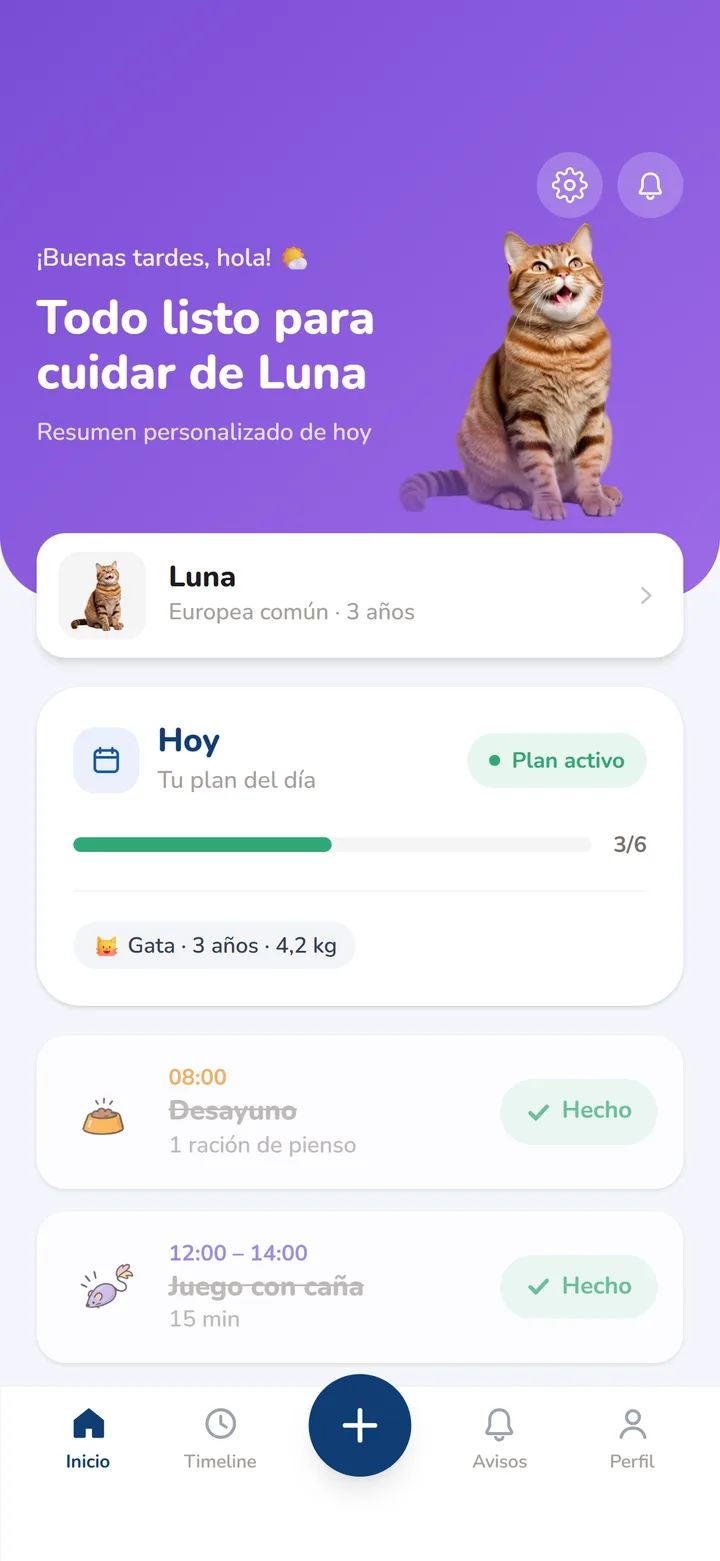 Pantalla de inicio de PetiBook con el plan del día de Luna