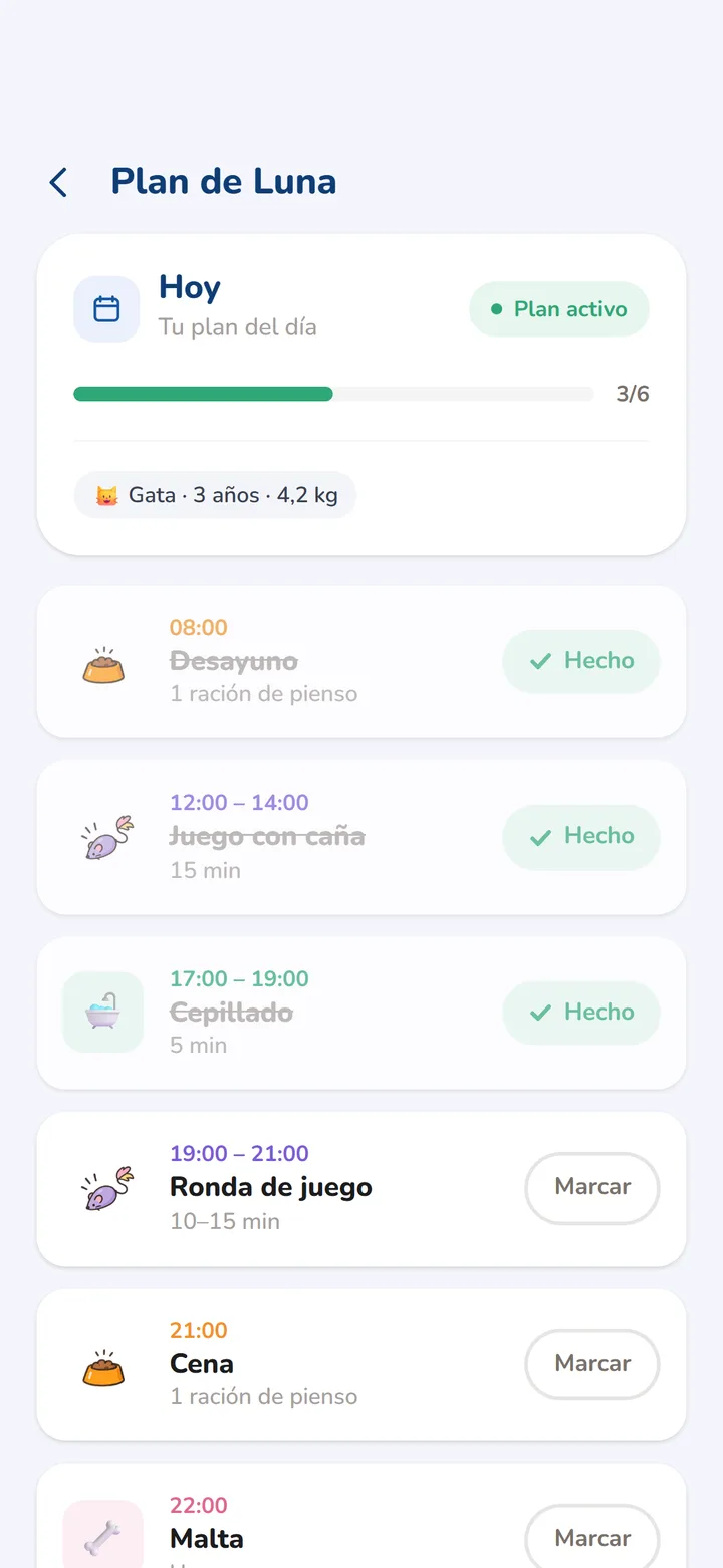 Plan del día de Luna en PetiBook con tareas hechas y pendientes